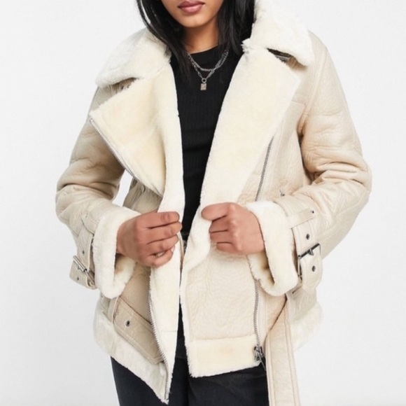 Topshop Faux Shearling Aviator Leather Moto Jacket - Picture 4 of 10